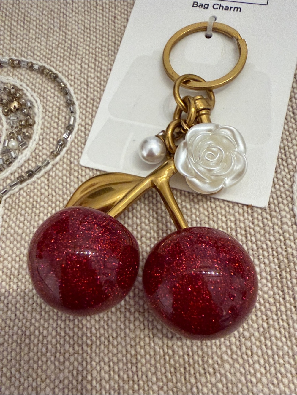 Full Tilt Gold-Tone Cherry Keychain with Red Glitter Cherries and White Rose - Picture 2 of 6